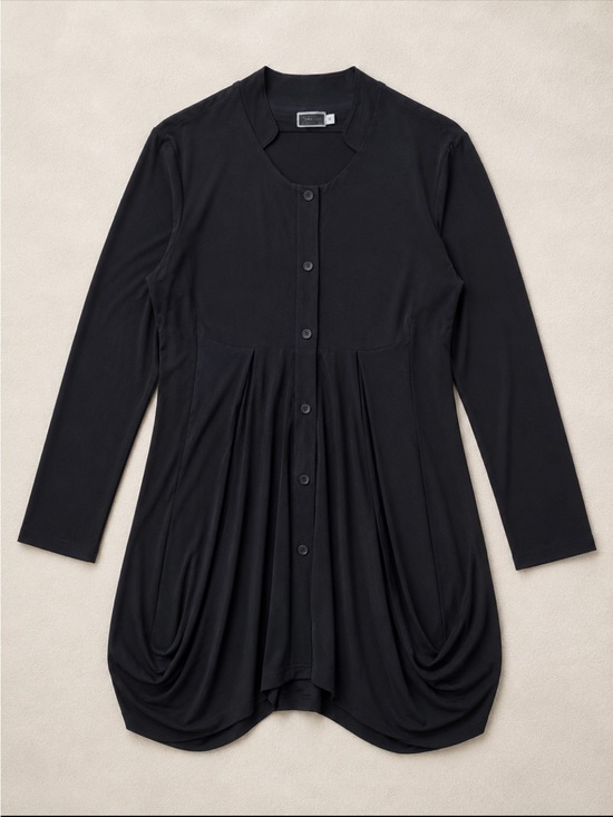 Sympli Dresses & Skirts - Sympli Button Front Tunic Dress Woman 14 Black Pockets Ruched Hem Stretch Travel